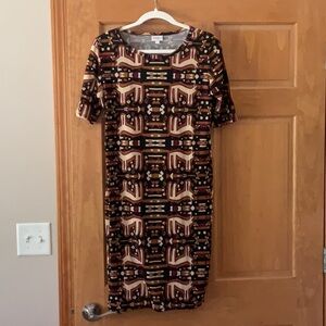 LuLaRoe Black and Tan Sheath Midi Dress Short Sleeve Crew Neck